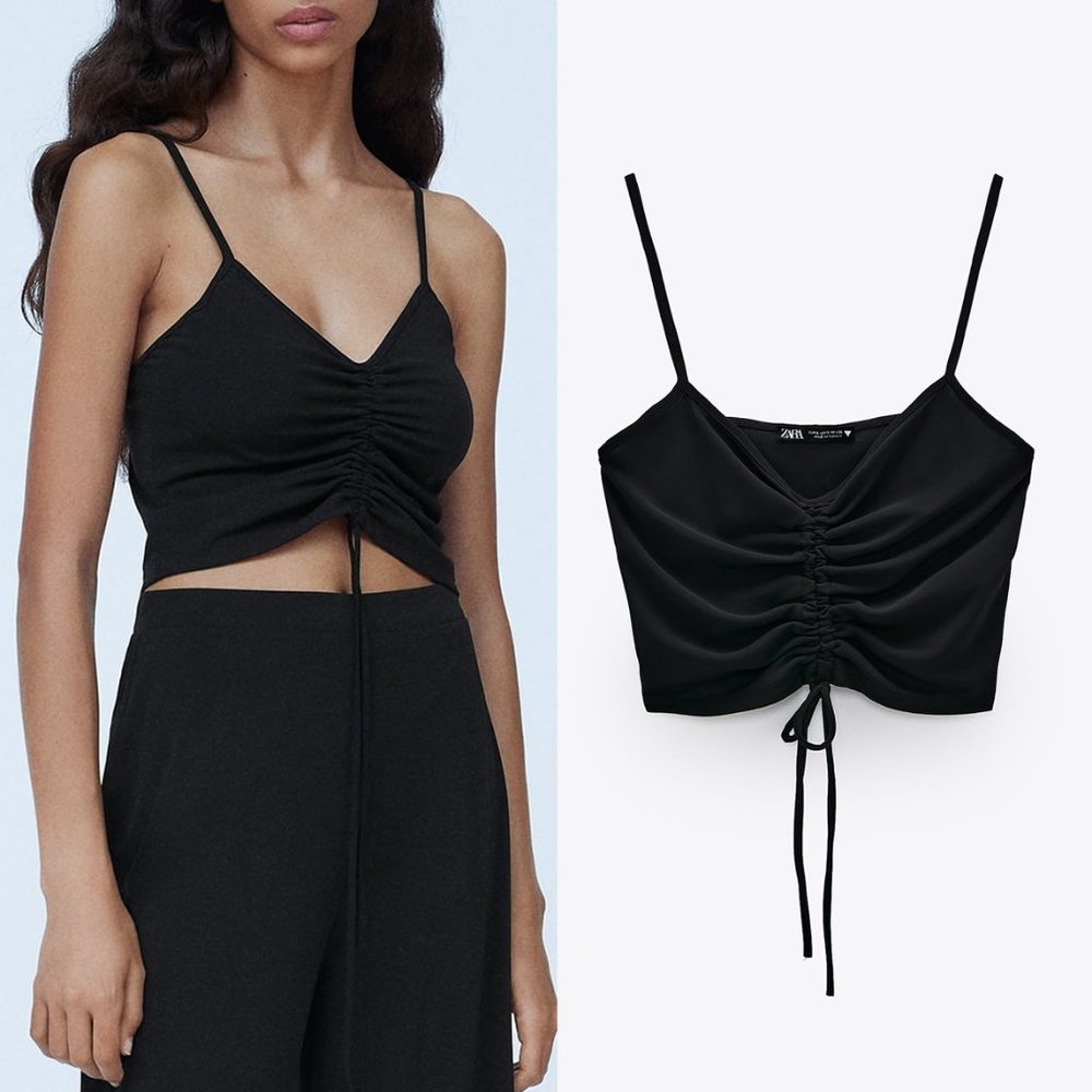 NEW Zara Black Gathered Ruched V Neck Stretch Knit Cropped Cami Top Size Large L